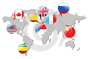 Flags of different countries on the white map.