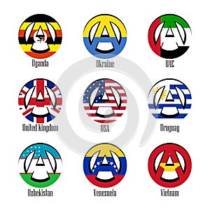 Flags of different countries of the world in the form of a sign of anarchy
