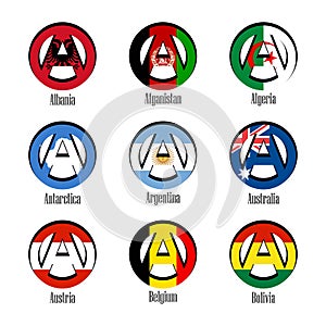 Flags of different countries of the world in the form of a sign of anarchy