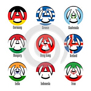 Flags of different countries of the world in the form of a sign of anarchy