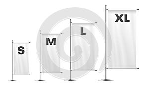 Flags of different lengths and widths white realistic mockups set. Outdoor ensign on metal pole.