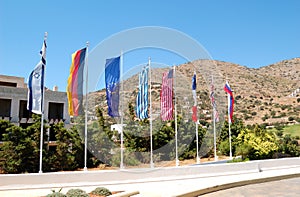 The flags at entrance of luxury hotel