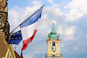 Flags of EU and France on the building of French centre left and city hall centre, Bratislava, Slovakia