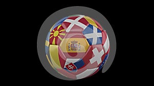 Flags of Euro 2 on slow flying soccer ball on transparent background, alpha channel