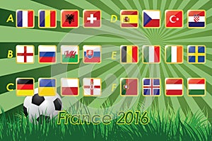 Flags of Euro 2016 on grass background and soccer ball. 24 nations.