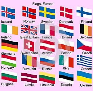 Flags of Europe. Norway, Iceland, Finland, Ireland, Belgium, Germany, Austria, Czech Republic, Hungary, Rumunia, Italy, Greece,