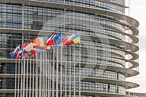 Flags of European countries in front of the European Parliament in Strasbourg