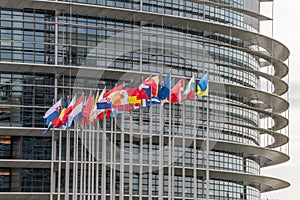 Flags of European countries in front of the European Parliament in Strasbourg