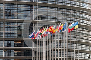 Flags of European countries in front of the European Parliament in Strasbourg