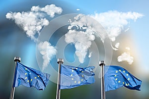 Flags of European Union with clouds map