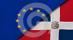 The flags of European Union and Dominican Republic. News, reportage, business background. 3d illustration