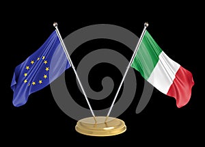 Flags of the European Union EU and Italy on a golden pedestal. Isolated on black background. Negotiations and signing an