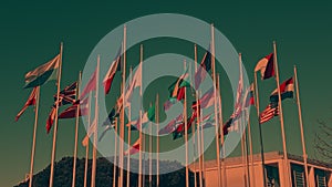 Flags of the European Union and European countries against blue sky,toning, 4K