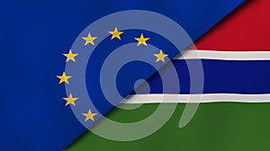 The flags of European Union and Gambia. News, reportage, business background. 3d illustration