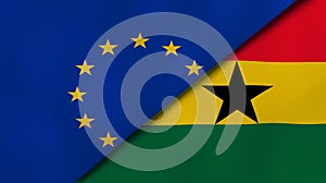 The flags of European Union and Ghana. News, reportage, business background. 3d illustration