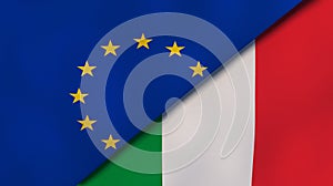 The flags of European Union and Italy. News, reportage, business background. 3d illustration