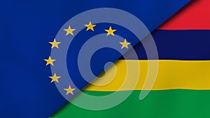 The flags of European Union and Mauritius. News, reportage, business background. 3d illustration