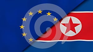 The flags of European Union and North Korea. News, reportage, business background. 3d illustration