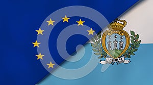 The flags of European Union and San Marino. News, reportage, business background. 3d illustration