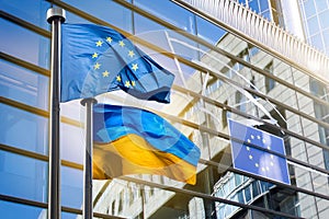 Flags of European Union and Ukraine in Brussels