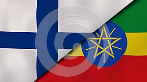 The flags of Finland and Ethiopia. News, reportage, business background. 3d illustration