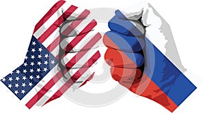 Flags on fist. Conflict between Usa and Russia. Conflict of the country concept.