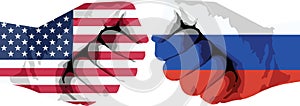 Flags on fist. Conflict between Usa and Russia. Conflict of the country concept.