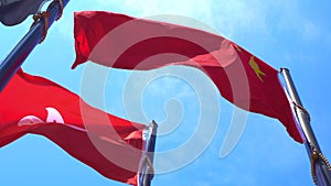 Flags flick of Hong Kong Special Administrative Region of the People`s Republic of China, HKSAR and Mainland one country two