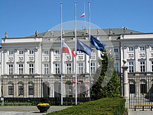 Flags flying at half-mast in front of the Presidential Palace in Warsaw, Poland