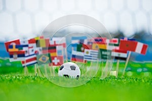 Flags on football pitch, tournament photo. Fans, support concept photo