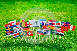 Flags on football pitch, tournament photo. Fans, support concept photo