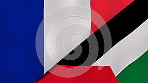 The flags of France and Palestine. News, reportage, business background. 3d illustration