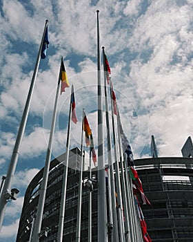 Flags in front of the European Parlement in Strasbourg photo