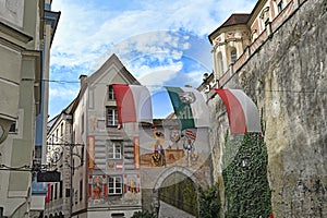 Flags in front of a gate entrance in Castle Lamberg Steyr