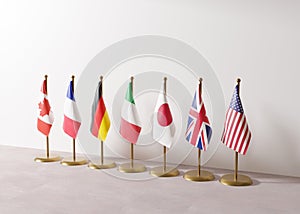 Flags of G7, group of seven countries: Canada, France, Germany, Italy, Japan, UK, USA. G7 summit is an inter photo