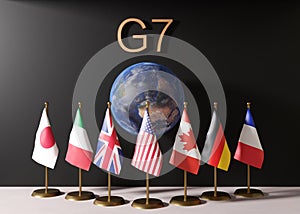 Flags of G7, group of seven countries: Canada, France, Germany, Italy, Japan, UK, USA. G7 summit is an inter photo