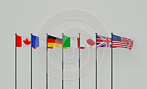 Flags of G7 countries. All official national flags of G7 Canada, France, Germany, Italy, Japan, the United Kingdom, the United