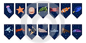 Flags garland for birthday party with sea animals on colorful dark blue background. Jellyfish, turtle and crab, shark.