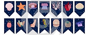 Flags garland for birthday party with sea animals on colorful dark blue background. Sea treasures, shell with pearl