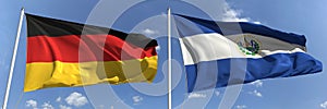 Flags of Germany and El Salvador on flagpoles. 3d rendering
