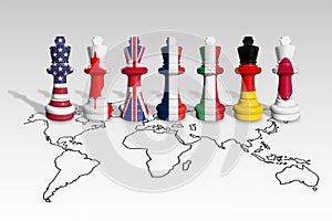 Flags of the group of seven or G7. Chess made from USA, Canada, UK, France, Italy, Germany and Japan flags photo