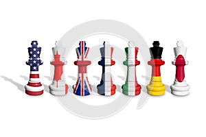 Flags of the group of seven or G7. Chess made from USA, Canada, UK, France, Italy, Germany and Japan flags on white background photo