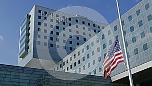 Flags at half staff in Dallas at the new Parkland hospital after deadly shooting of five police officers on July, 7th 2016