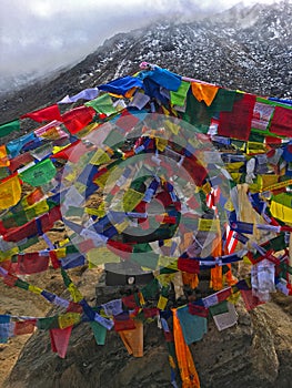 Flags in Himalayas Mountains Annapurna trek