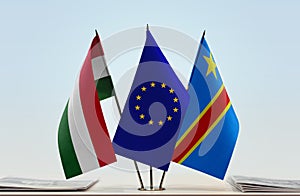 Flags of Hungary EU and Democratic Republic of the Congo DRC, DROC, Congo-Kinshasa