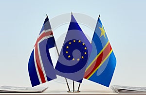 Flags of Iceland EU and Democratic Republic of the Congo DRC, DROC, Congo-Kinshasa photo