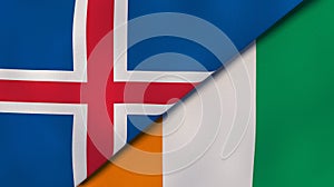 The flags of Iceland and Ivory Coast. News, reportage, business background. 3d illustration