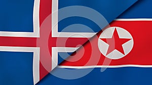 The flags of Iceland and North Korea. News, reportage, business background. 3d illustration