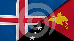 The flags of Iceland and Papua New Guinea. News, reportage, business background. 3d illustration