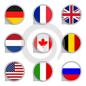 Flags icon set. Circle flags of the different countries of the world: USA, UK, Holland, Germany, Italy, Canada, France, Russia and
